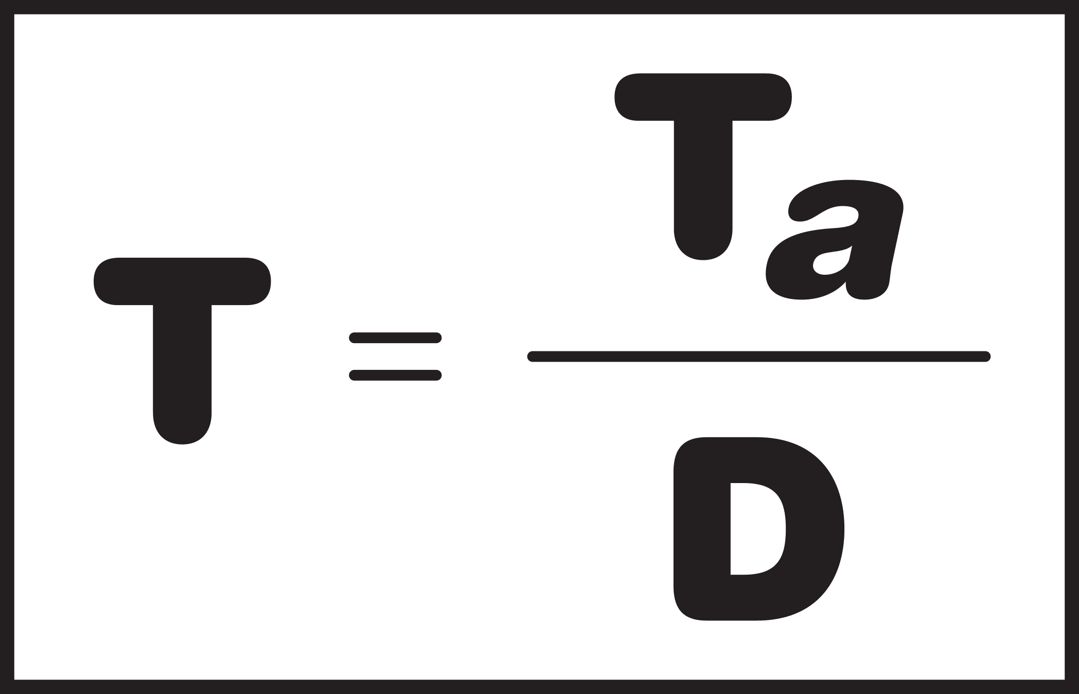 The formula for takt time is T = Ta divided by D.