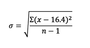Our formula for standard deviation with the calculated mean of 16.4 plugged in.